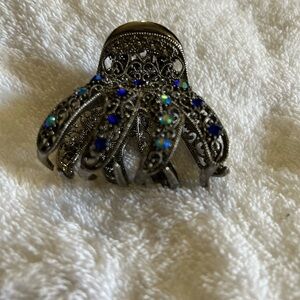 Filigree Metal Hair Claw with Blue Rhinestones